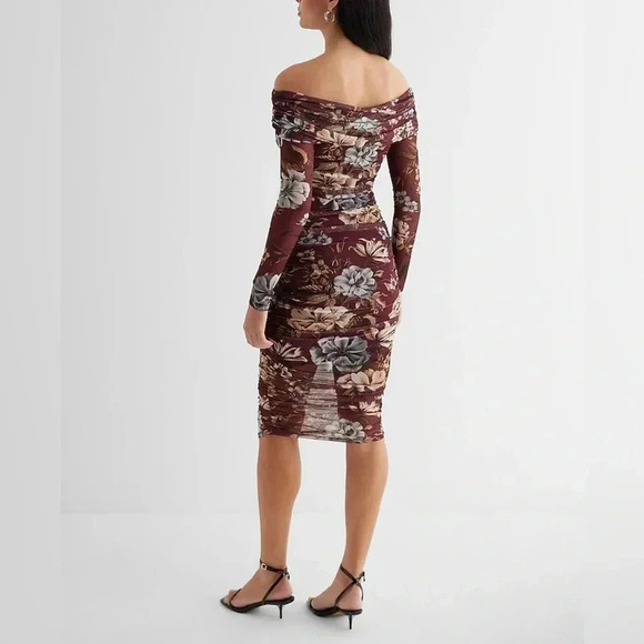 Express Body Contour Mesh Floral Off The Shoulder Ruched Midi - Picture 1 of 7